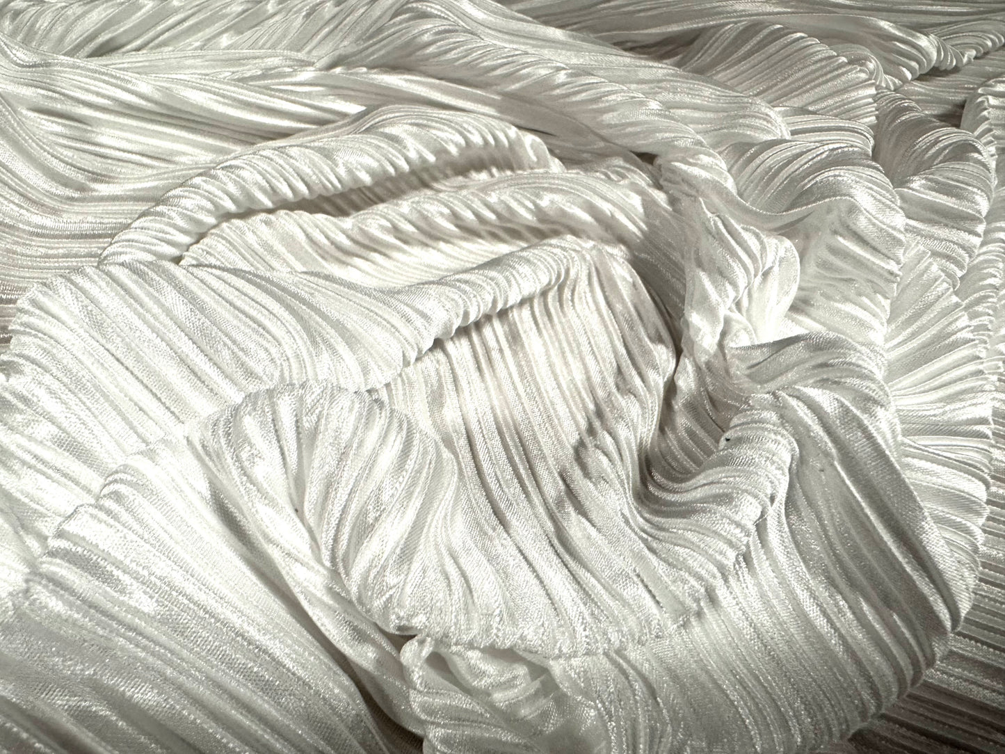 Plissé stretch spandex pleated satin dress fabric, per metre - plain - white