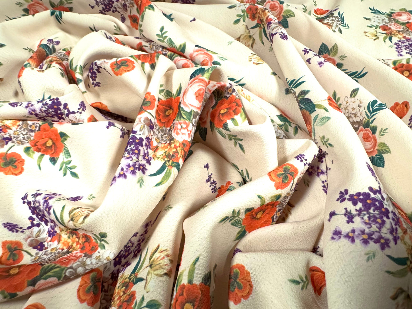 Chirimen woven crepe dress fabric, per metre - flower bouquet print - cream & orange