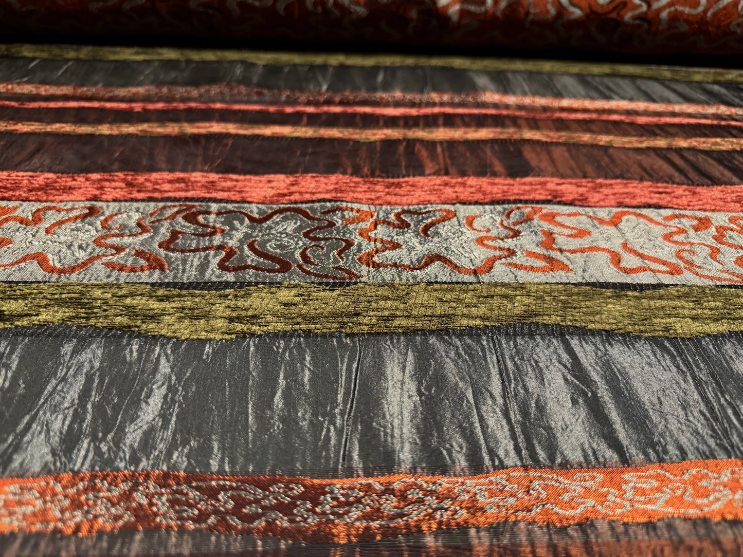 Brocade taffeta faux silk fabric - floral chenille stripe - terracotta grey & green