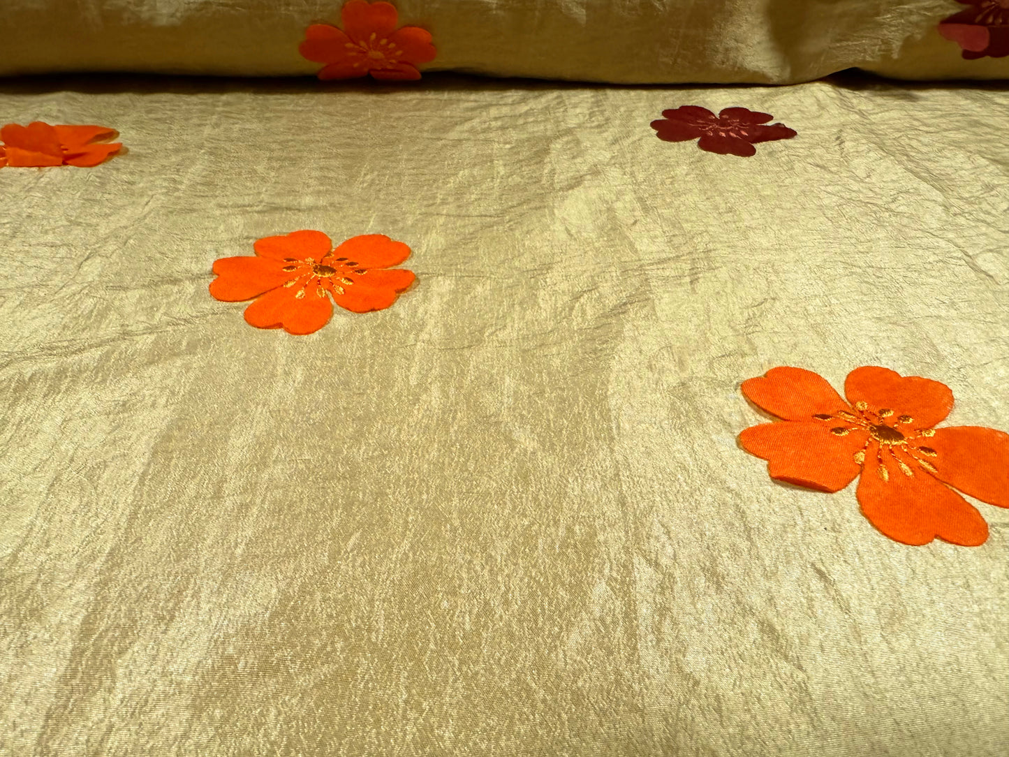 Taffeta faux silk fabric - flower appliqué - gold orange & burgundy