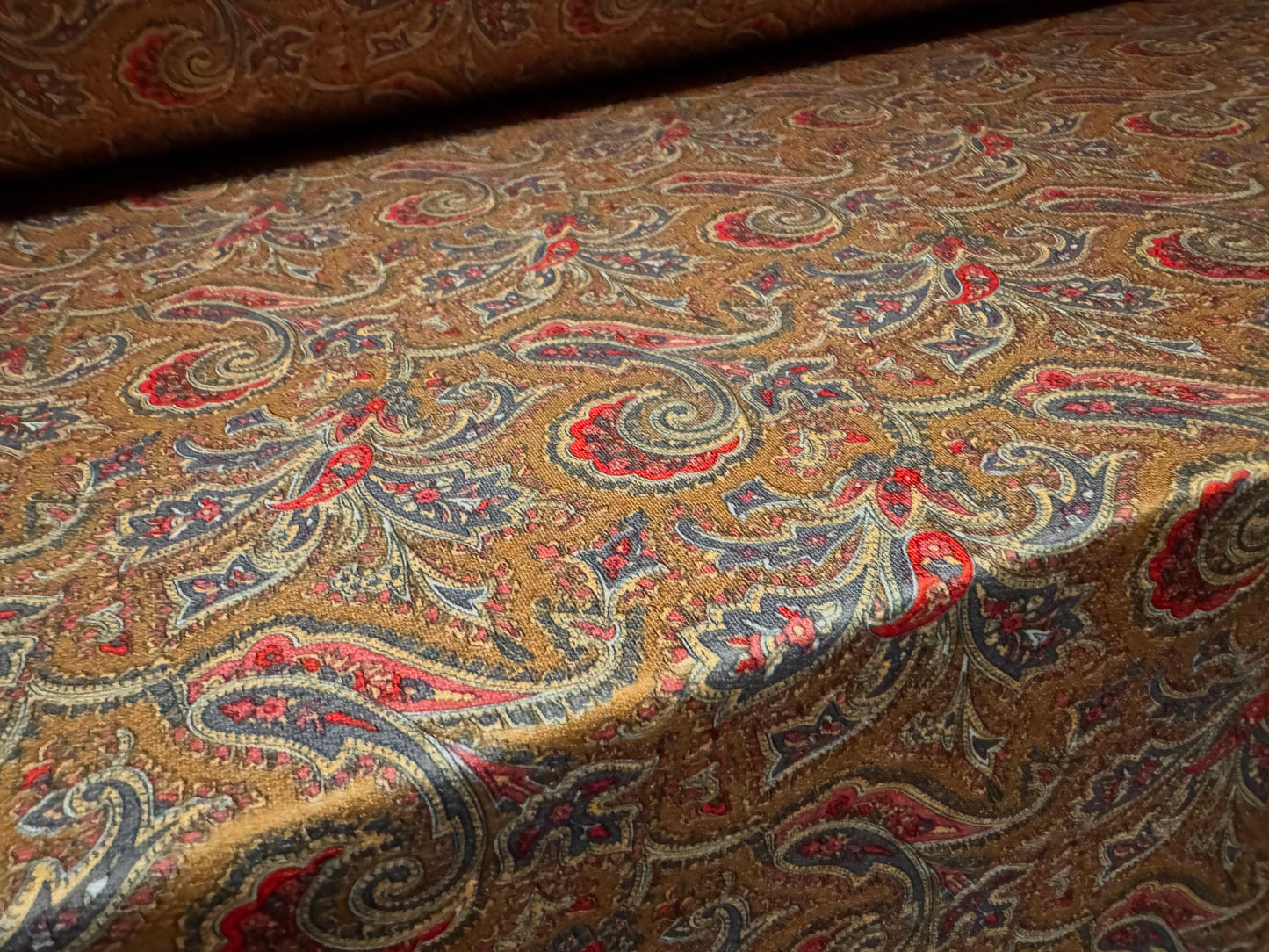 Stretch spandex crepe single jersey dress fabric, per metre - paisley print - brown & red