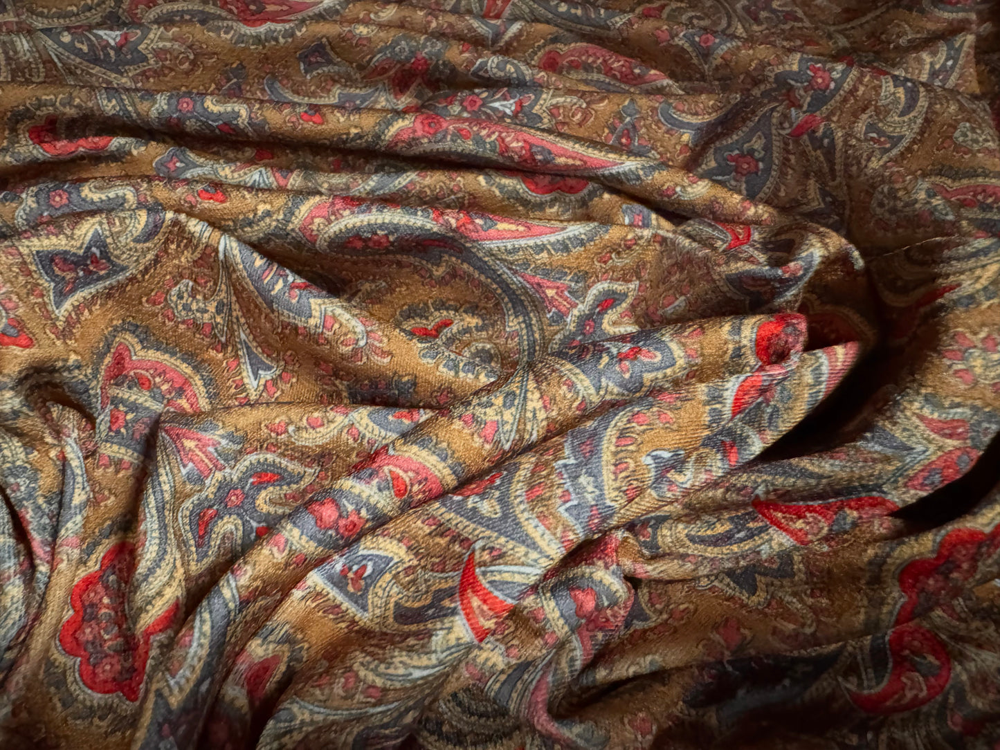 Stretch spandex crepe single jersey dress fabric, per metre - paisley print - brown & red