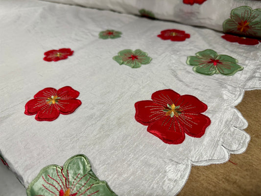 Taffeta faux silk fabric, per metre - embroidered flower appliqué border - white