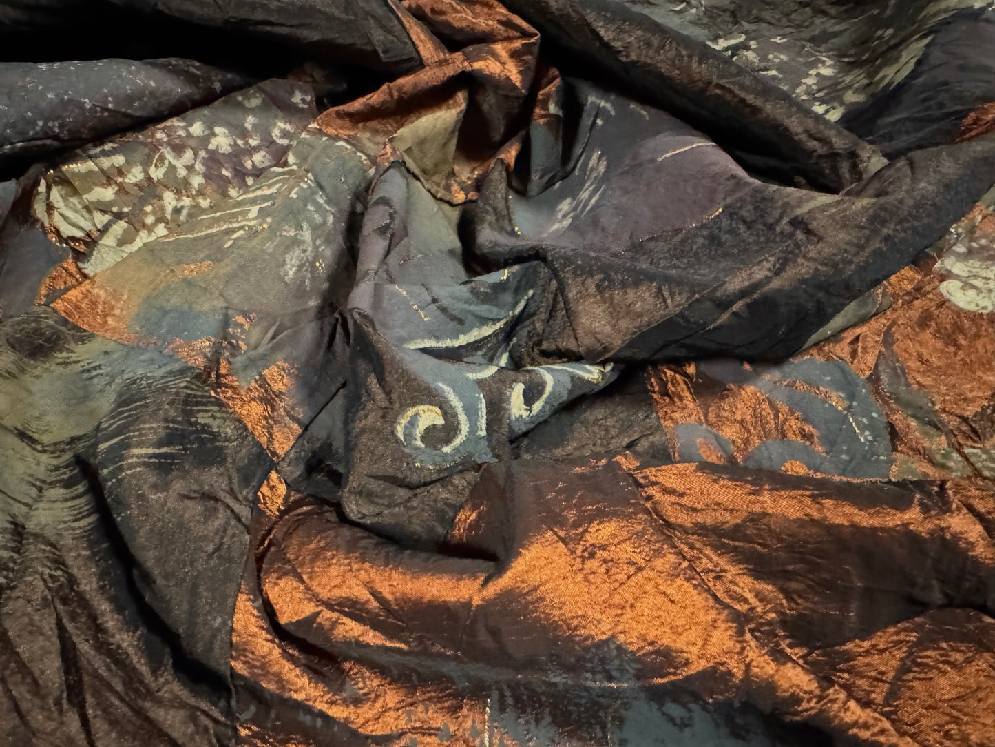 Taffeta faux silk fabric - metallic floral patchwork - copper ebony & gold