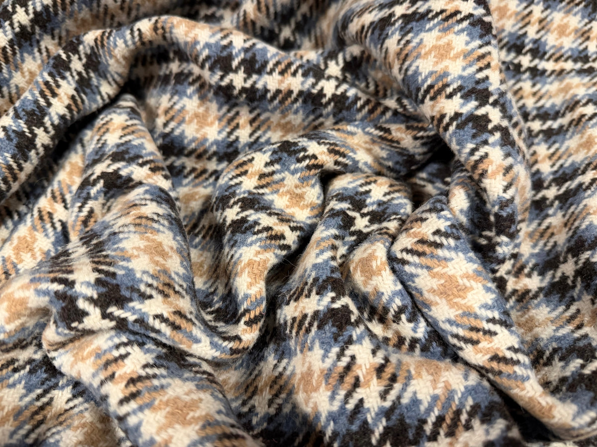 Heavyweight wool bouclé fabric, per metre - houndstooth check - beige & blue