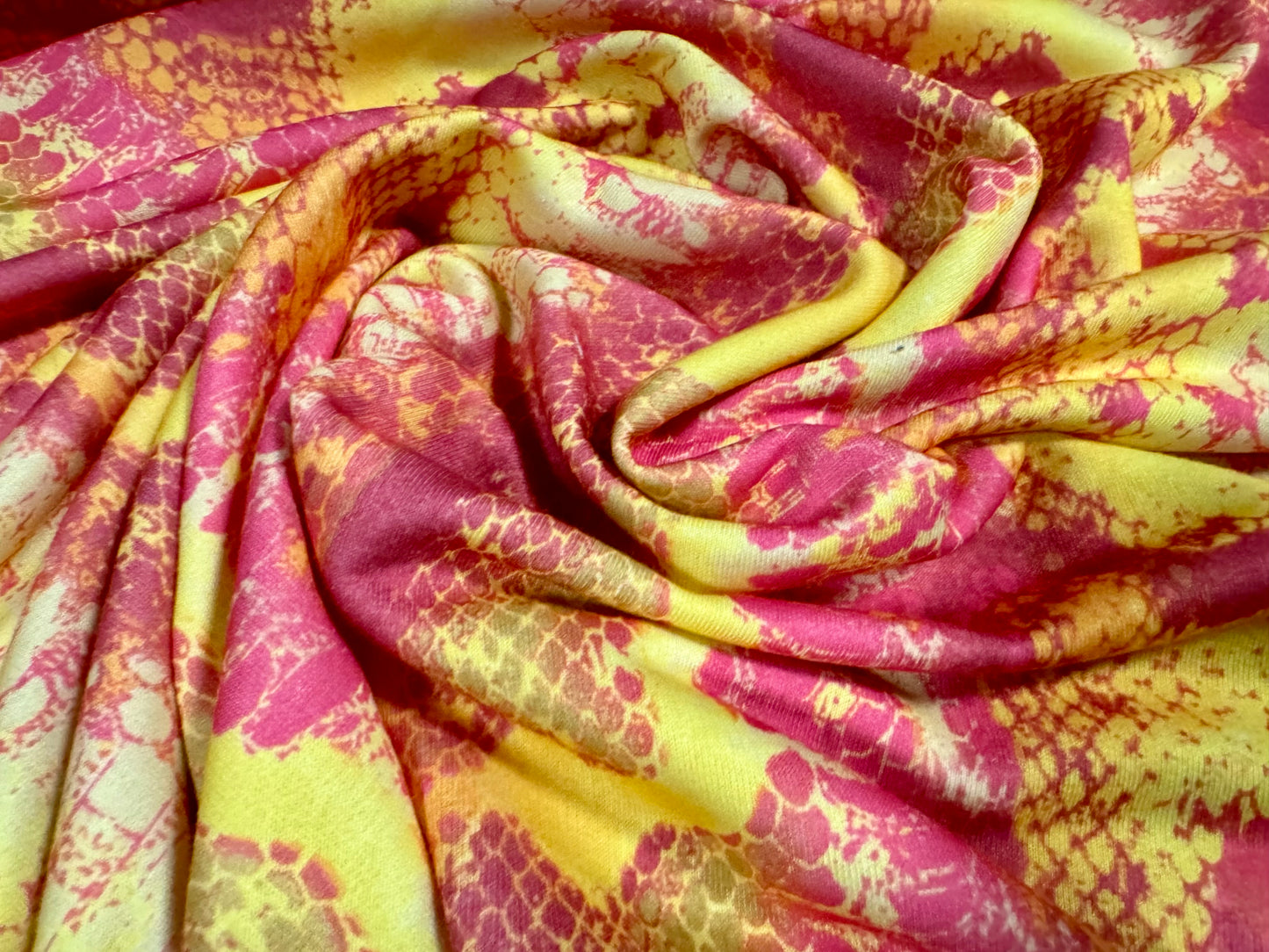 French Terry loopback sweatshirt jersey fabric, per metre - distressed snakeskin print - pink & yellow