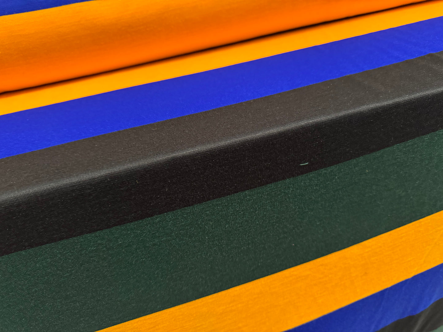 Knitwear jersey fabric, per metre - Rugby stripe - blue green gold & black