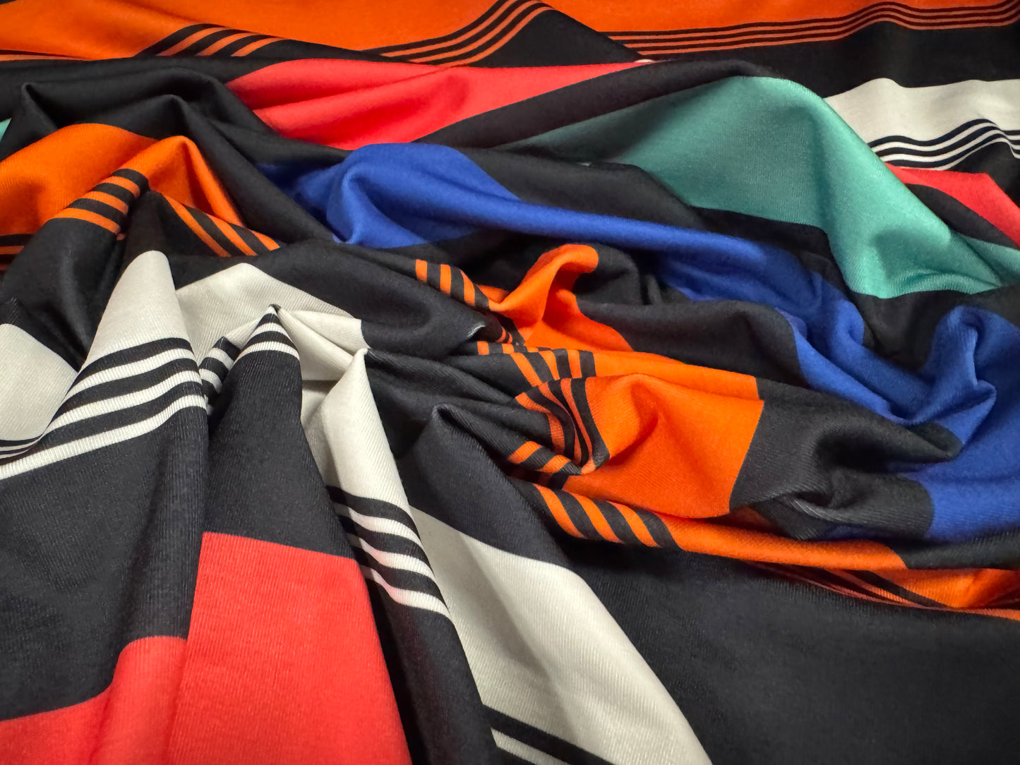 Stretch spandex interlock jersey fabric, per metre - multicolour stripes print