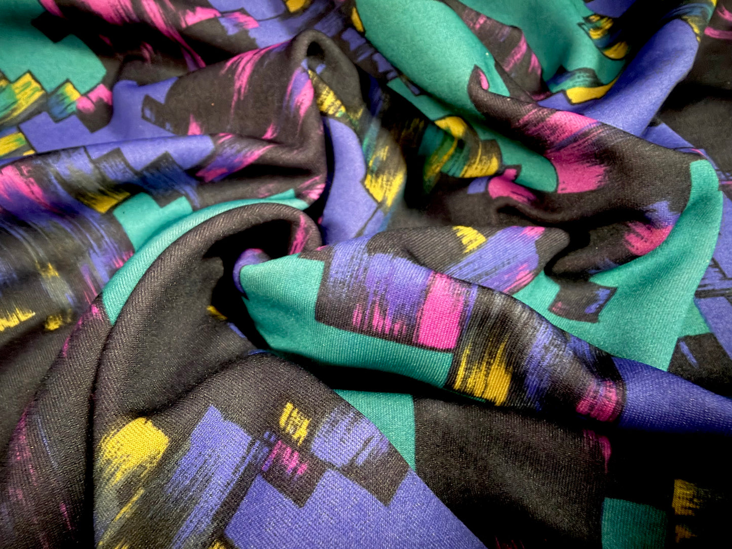 Scuba stretch spandex double jersey dress fabric, per metre - jigsaw block print - jade violet & pink