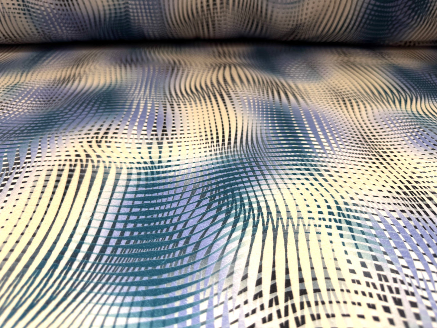 Polar fleece fabric, per metre - psychedelic print - blue & cream