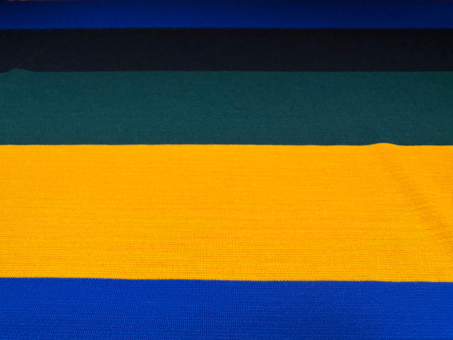 Knitwear jersey fabric, per metre - Rugby stripe - blue green gold & black