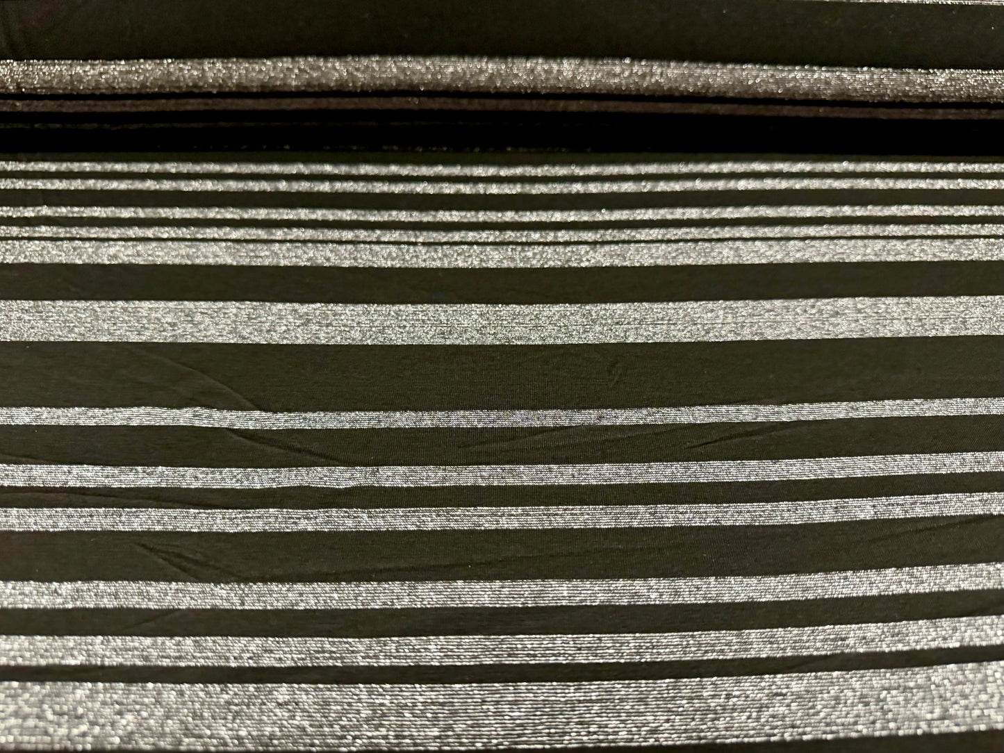 Metallic stretch single jersey fashion fabric, per metre - striped - black with grey lurex