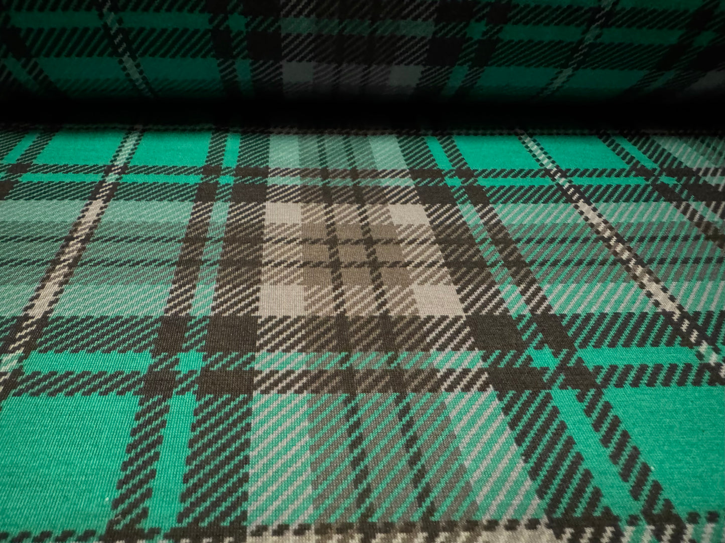 Soft handle single jersey fabric, per metre - tartan print - emerald green & grey