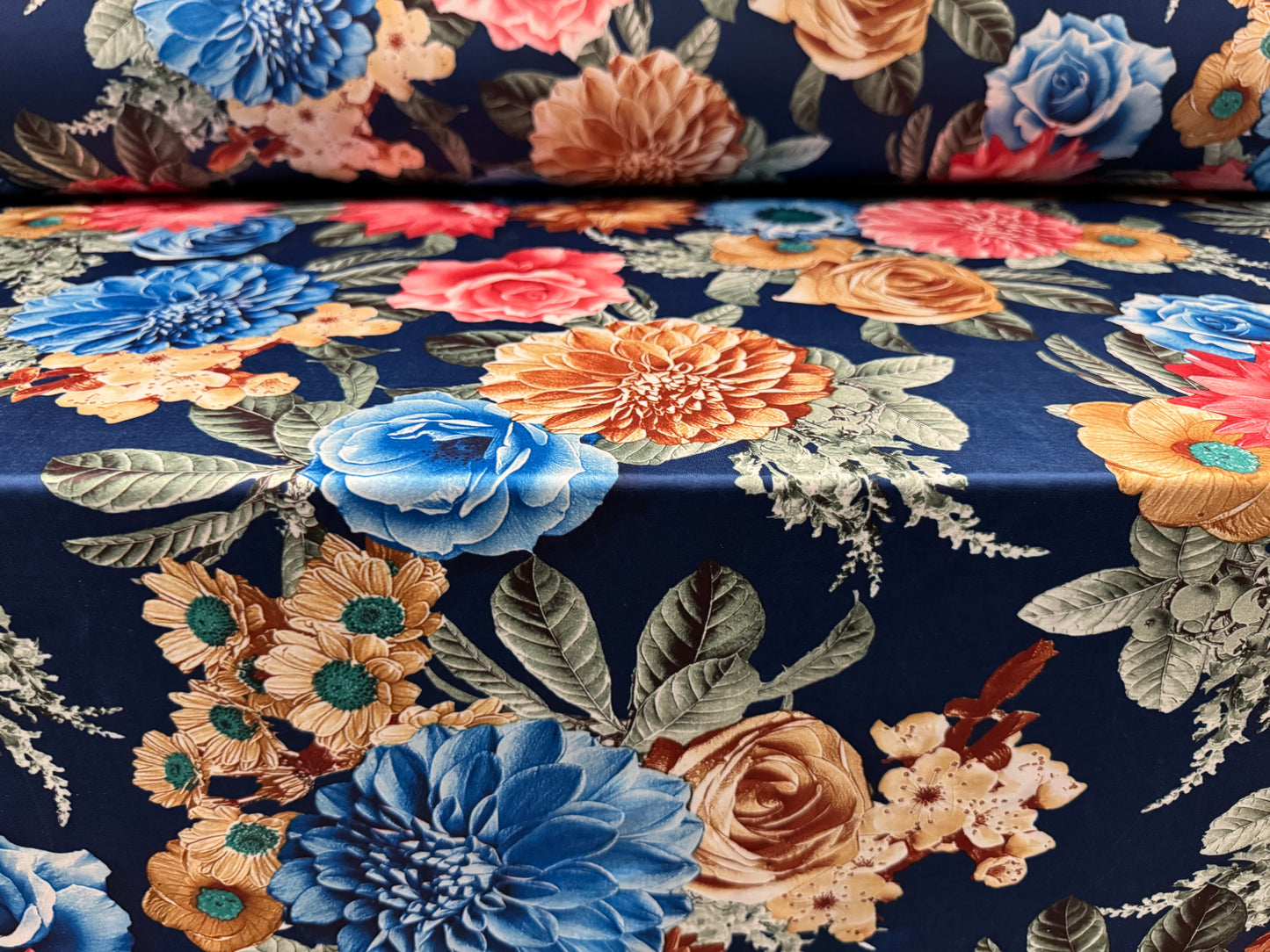 Soft touch stretch spandex single jersey fabric, per metre - Carnation Bouquet print - blue pink & beige