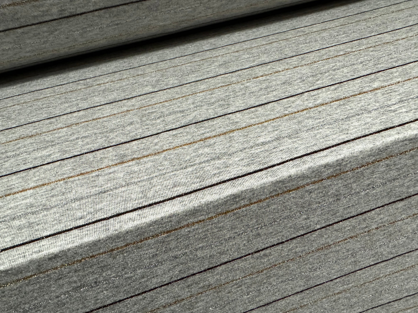 Metallic viscose spandex stretch single jersey fabric, per metre - pinstripe - grey marl with black silver & gold lurex
