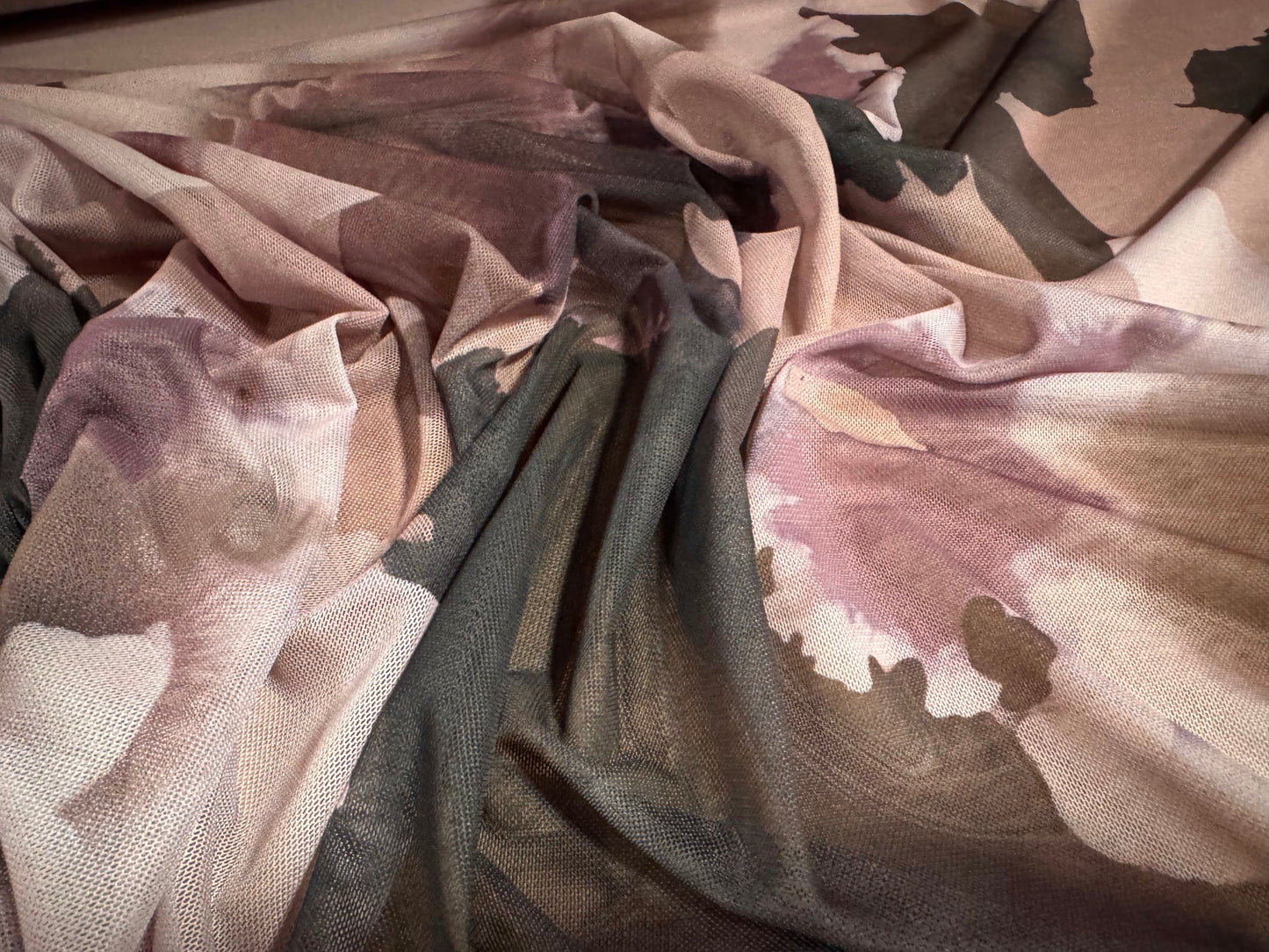 Power mesh net stretch spandex fabric, per metre - lily flower print - dusky pink & lilac