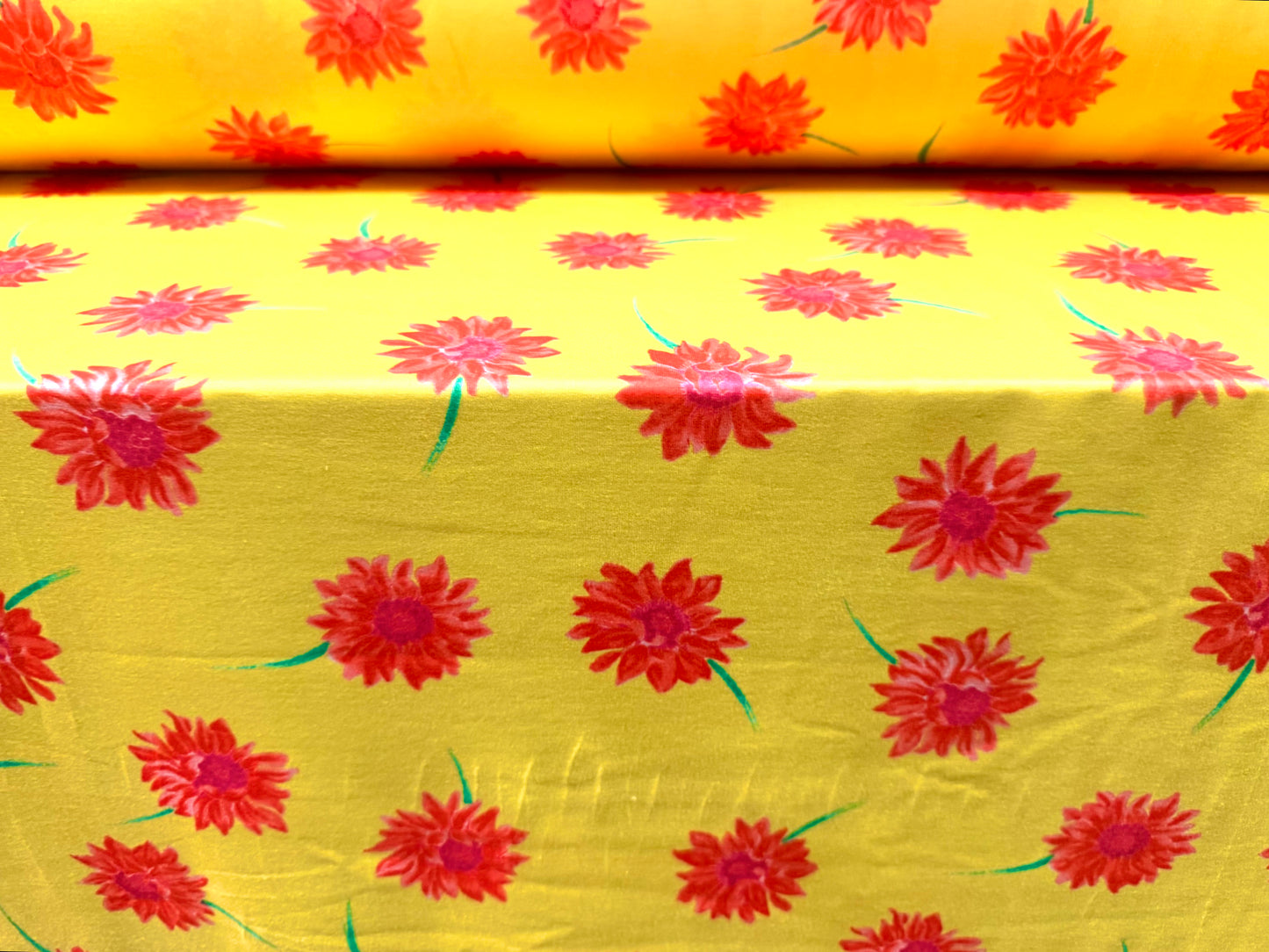 Stretch spandex interlock jersey fabric, per metre - floral print - bright yellow & pink