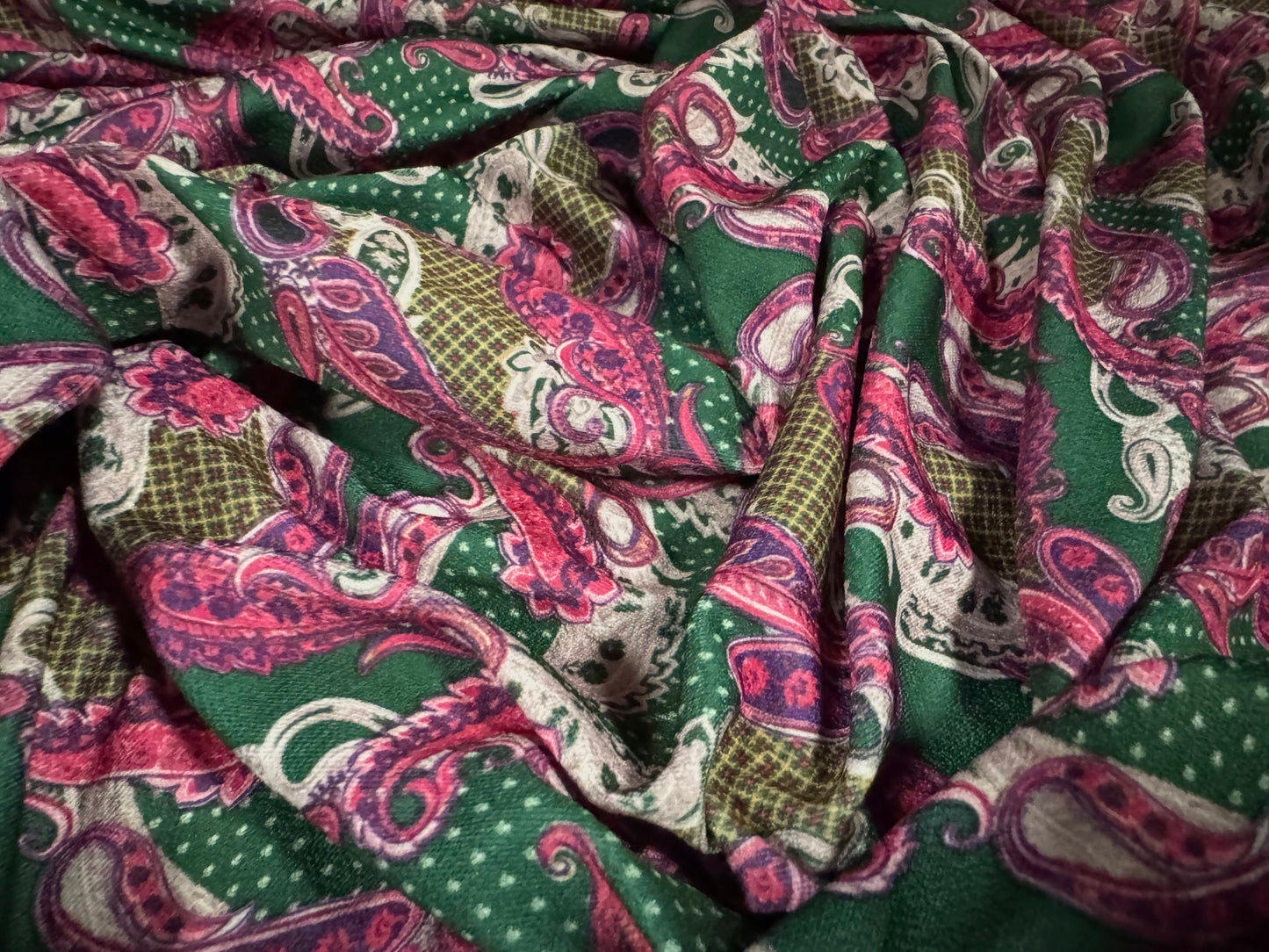 Stretch spandex crepe single jersey dress fabric, per metre - paisley print - emerald & magenta