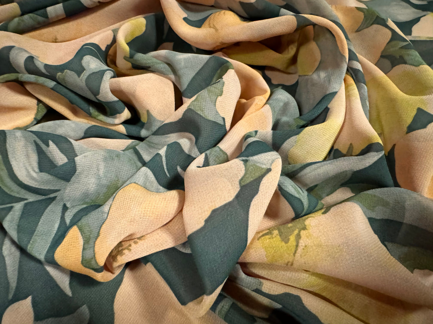 Chiffon woven dress blouse fabric, per metre - lily flower print - teal & dusky pink