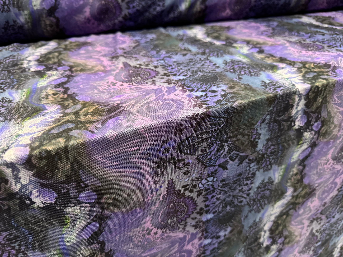 Power mesh net stretch spandex fabric, per metre - paisley print - purple & khaki