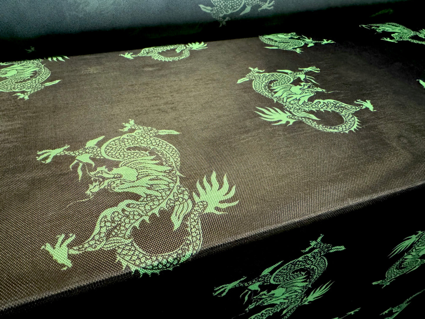 Power mesh net stretch spandex fabric, per metre - Oriental dragon print - black & green