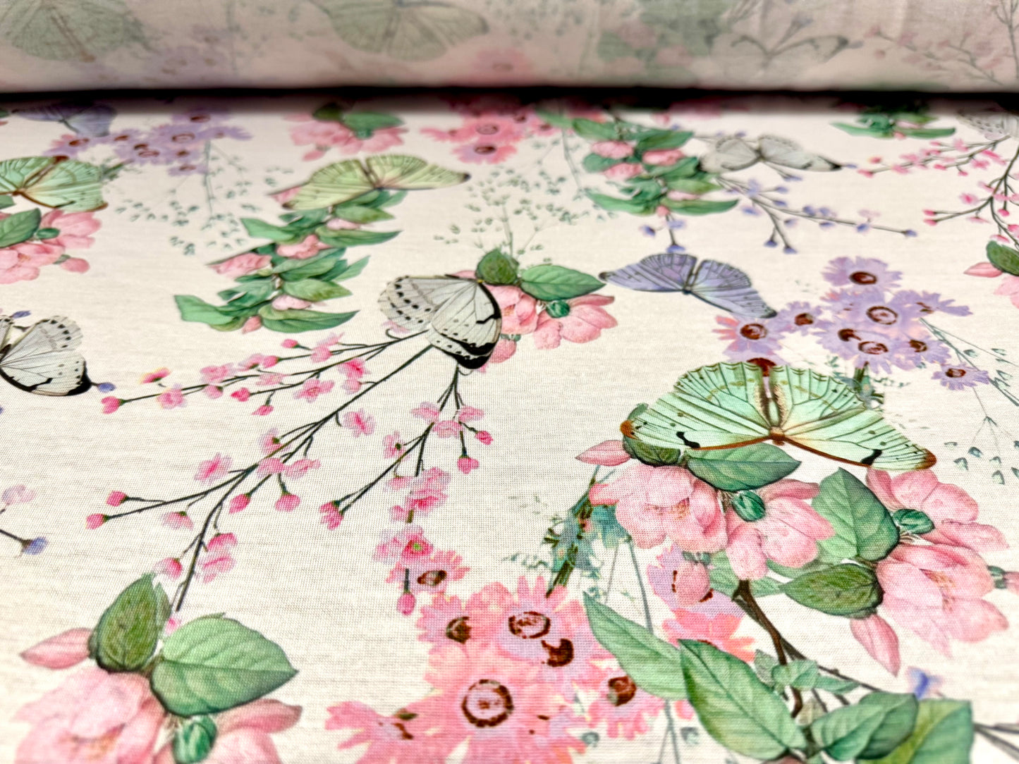 Soft handle single jersey fashion fabric, per metre - flowers & butterflies print