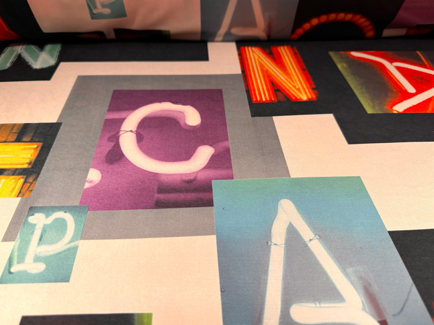 Soft touch stretch spandex single jersey fabric, per metre - neon sign letters print - multicolour