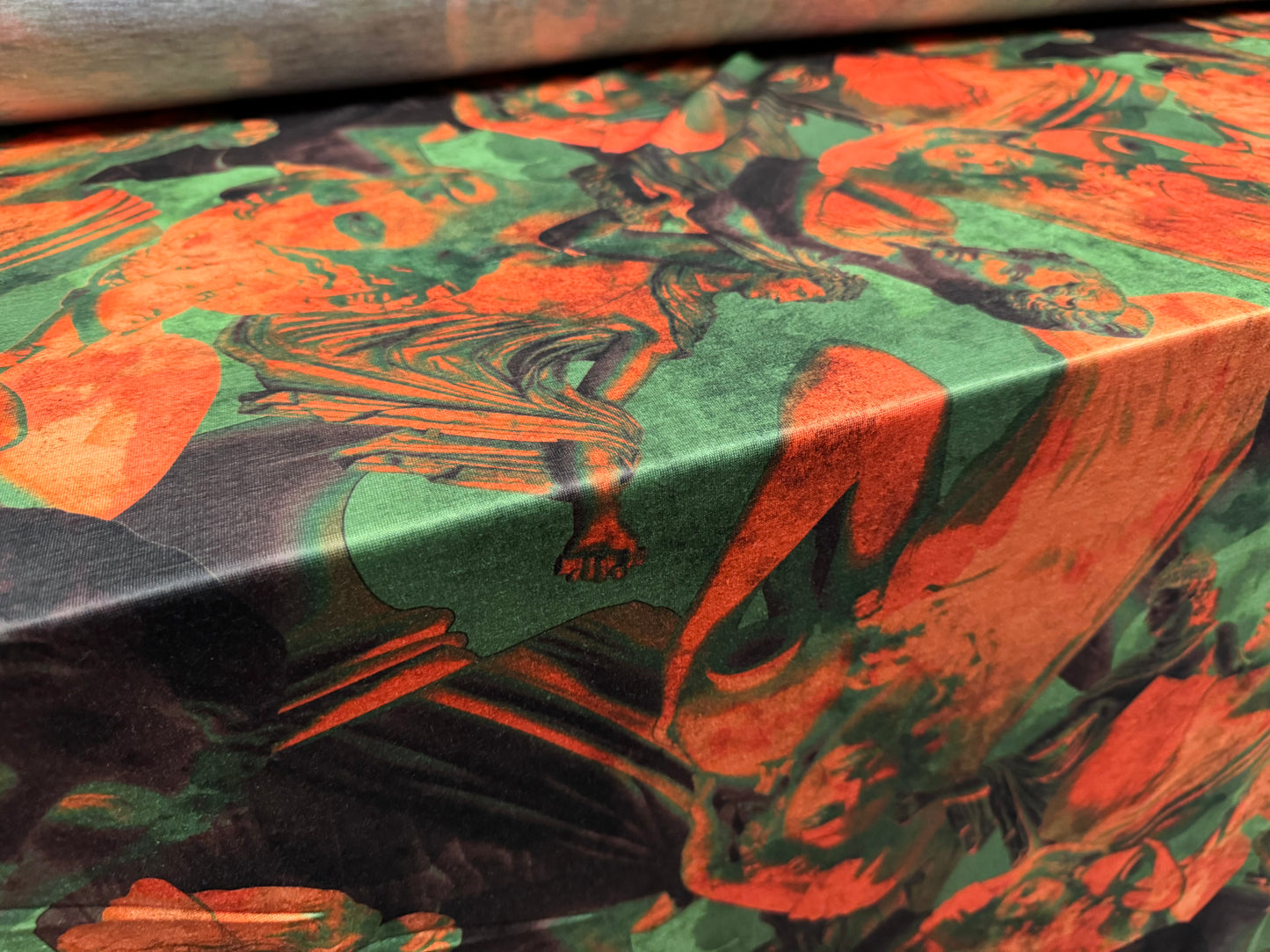 Soft handle stretch single jersey fashion fabric, per metre - Greek Goddess print - orange & green