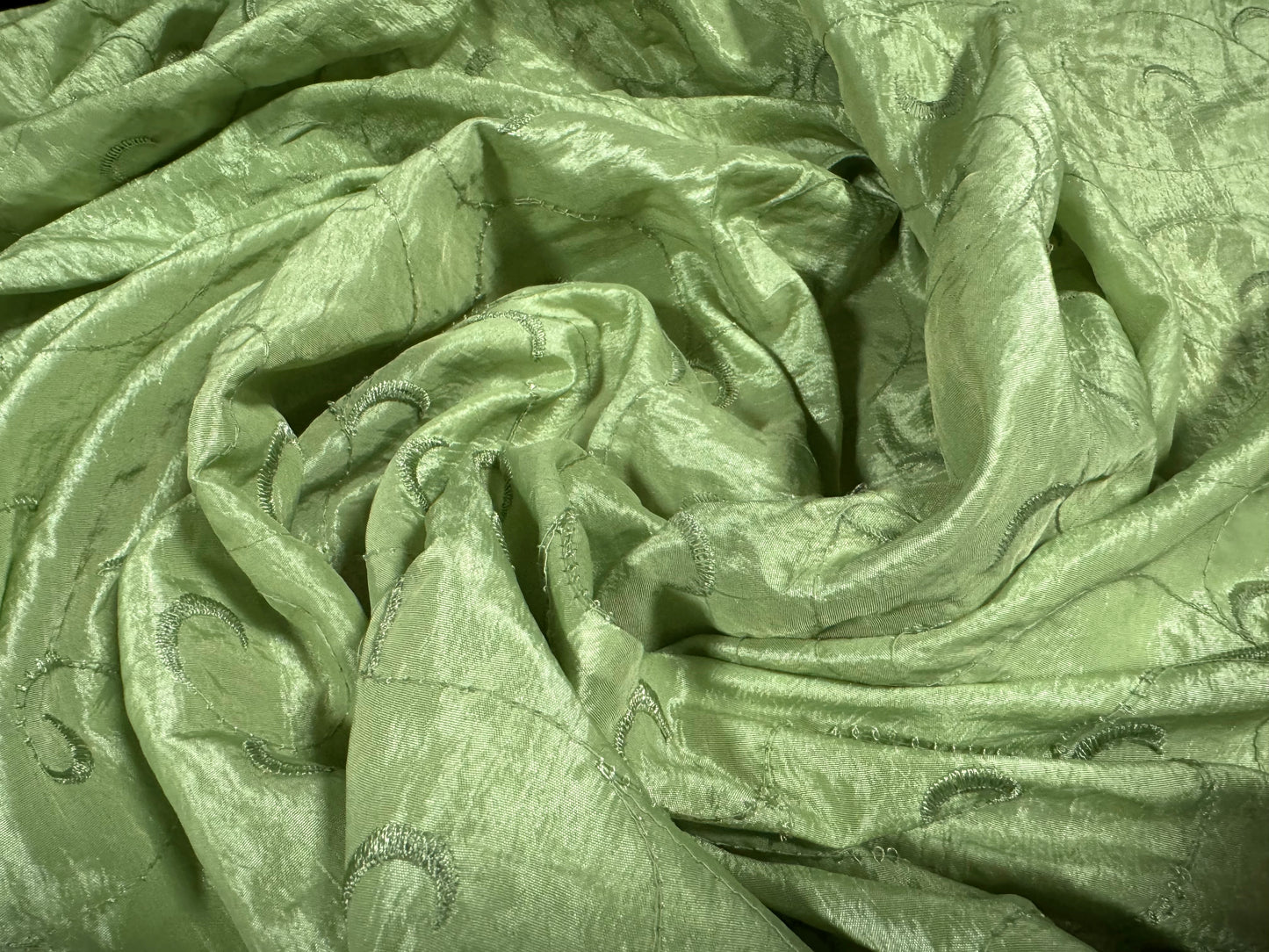 Taffeta faux silk fabric, per metre - leaf swirl embroidery - light green