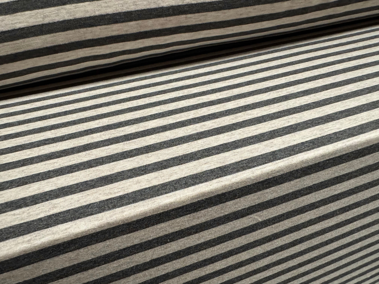 Viscose spandex stretch single jersey fabric, per metre - stripe - mid grey & oatmeal