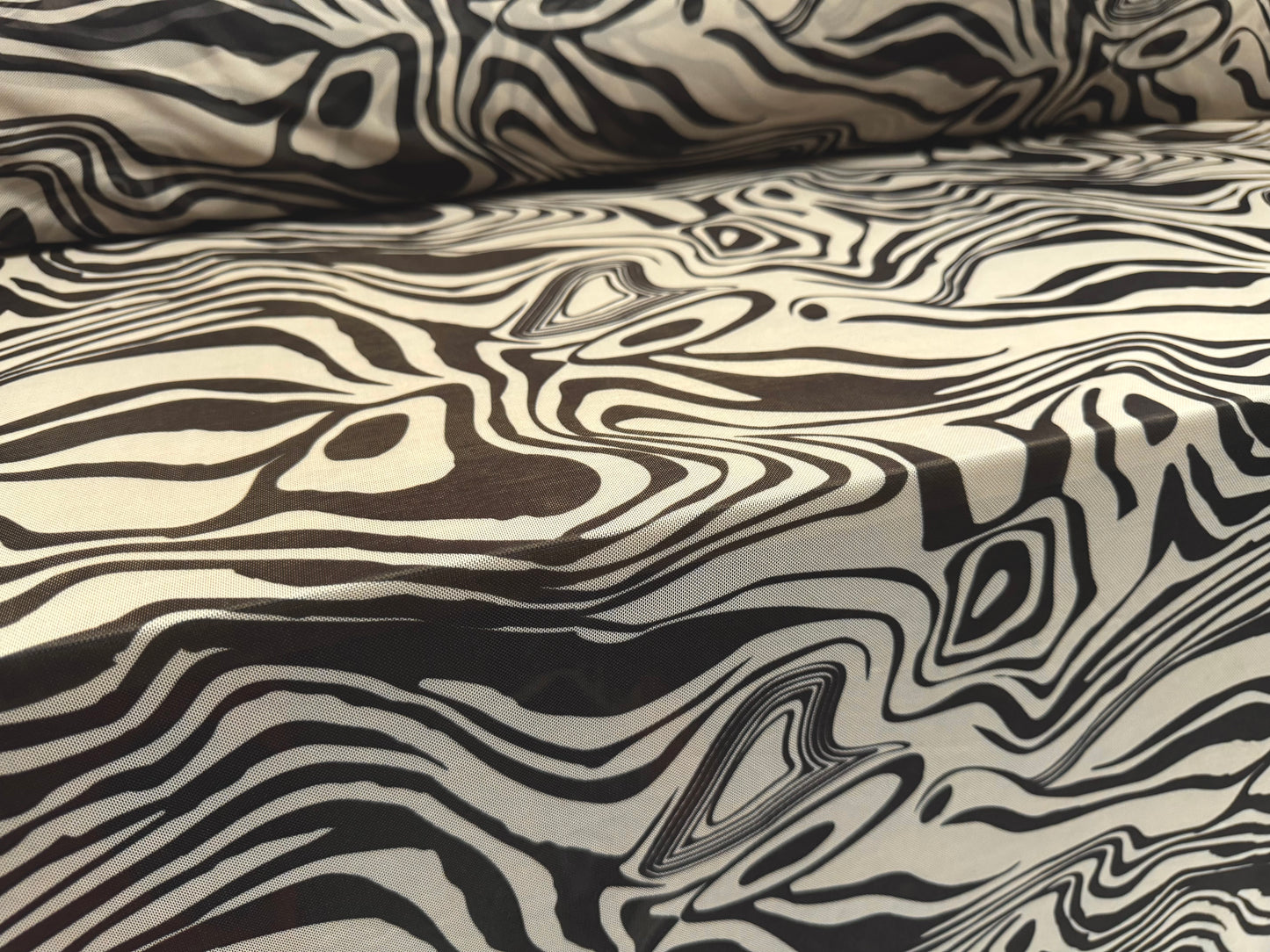 Power mesh net stretch spandex fabric, per metre - psychedelic zebra print - ebony & stone