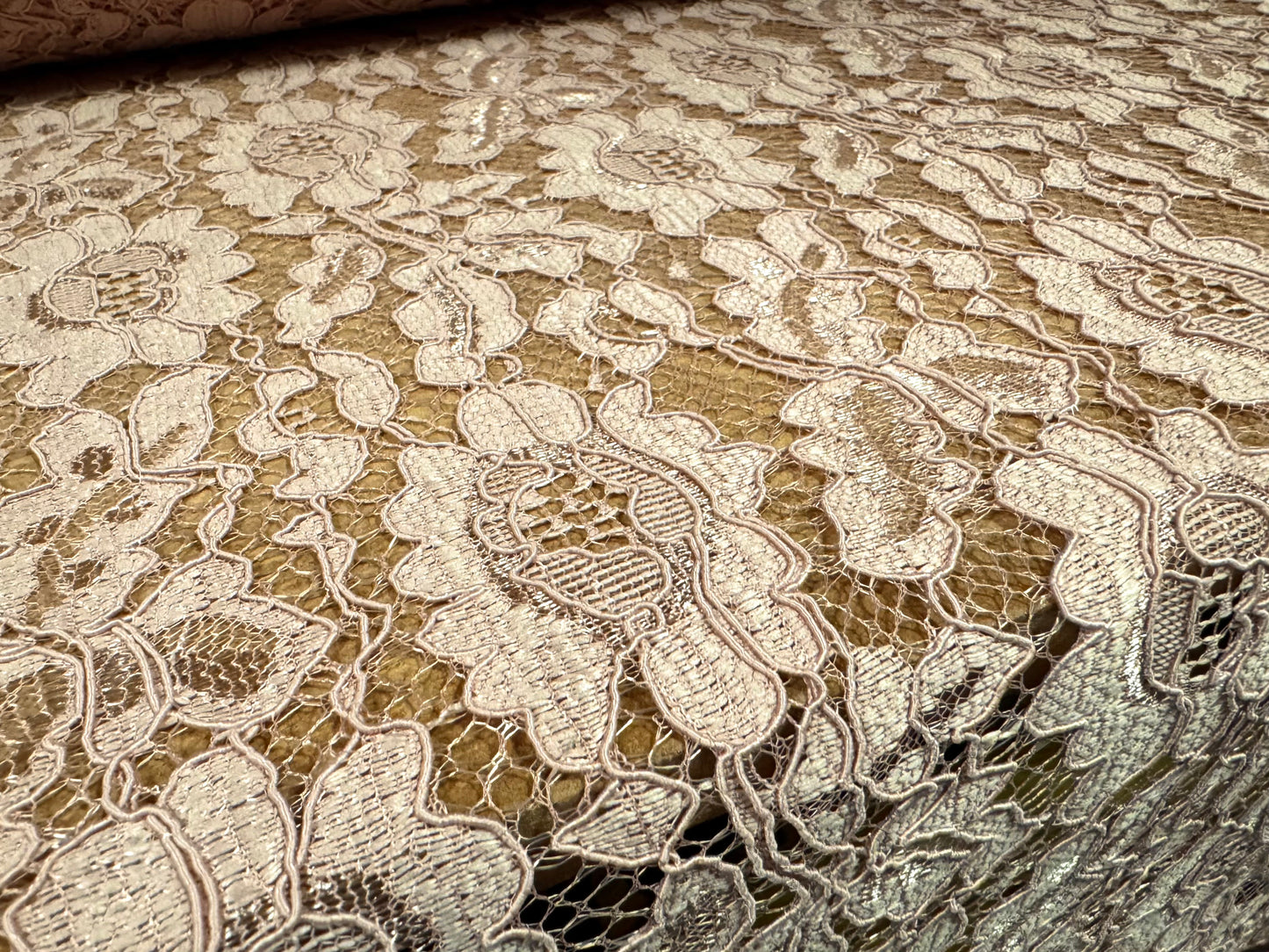 Heavy corded Alencon lace dress fabric with scalloped selvedge, per metre - floral - nude