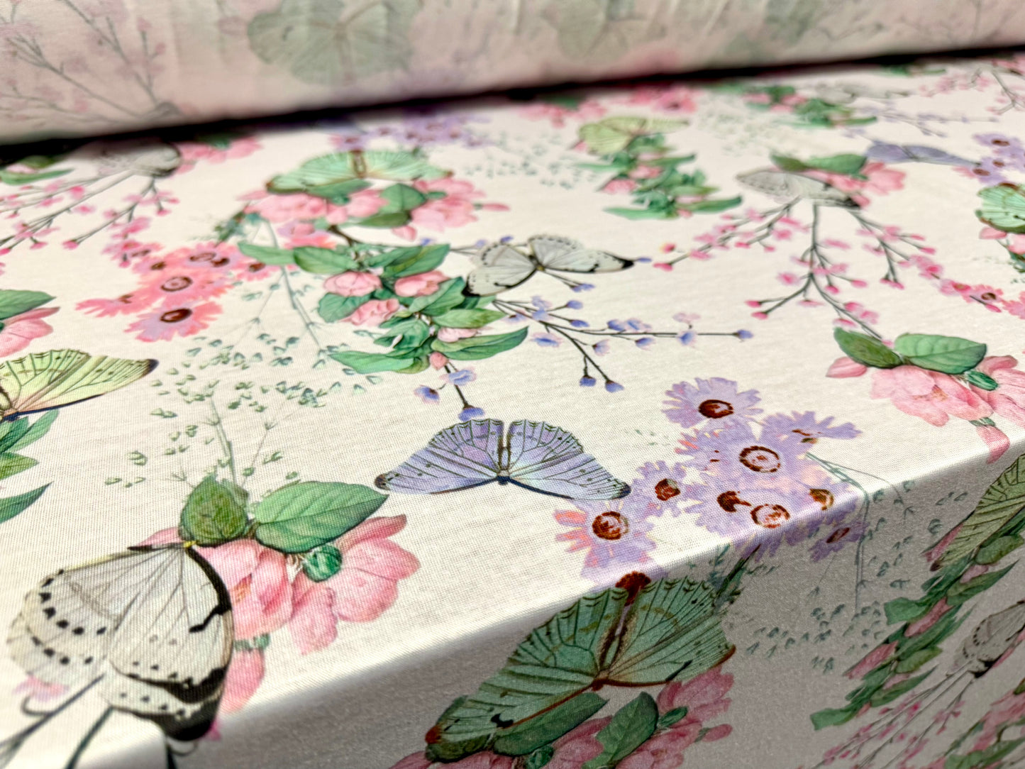 Soft handle single jersey fashion fabric, per metre - flowers & butterflies print