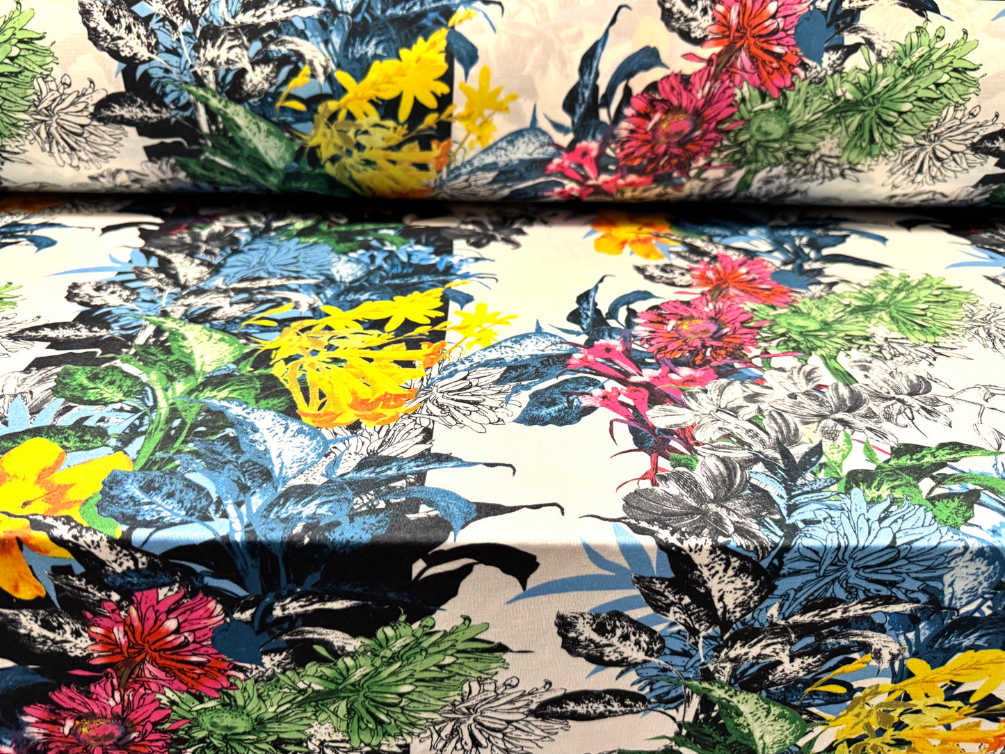 Soft touch stretch spandex single jersey fabric, per metre - Lily Bouquet print - multicolour