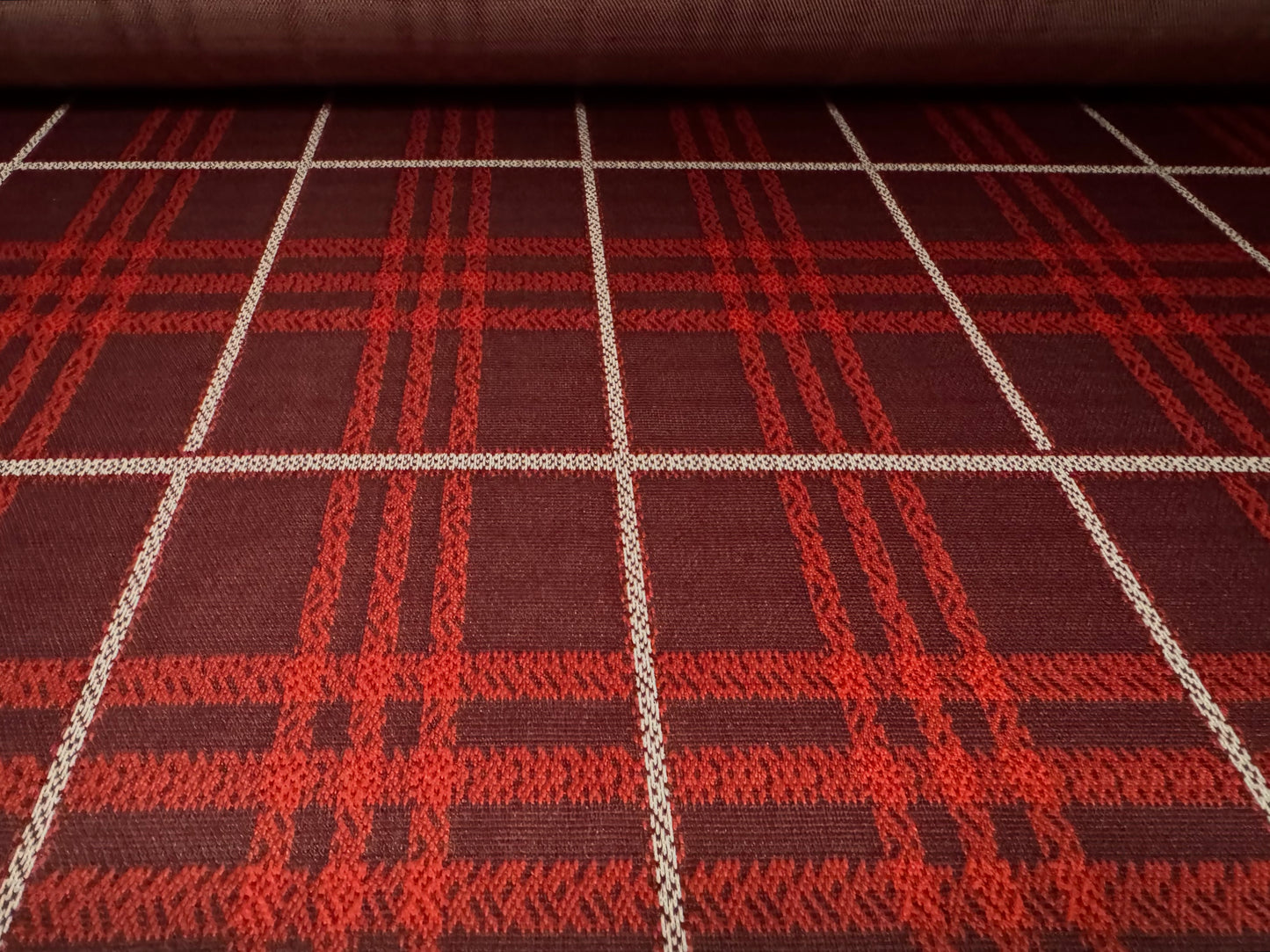 Stretch double jersey fabric, per metre - tartan check jacquard - burgundy