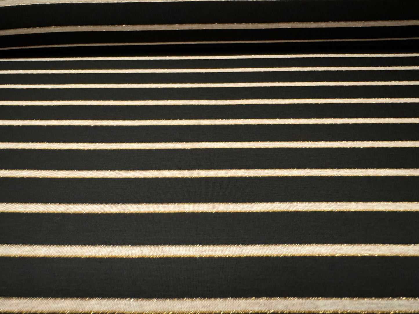 Metallic viscose spandex stretch single jersey fabric, per metre - lurex stripe - black cream & gold