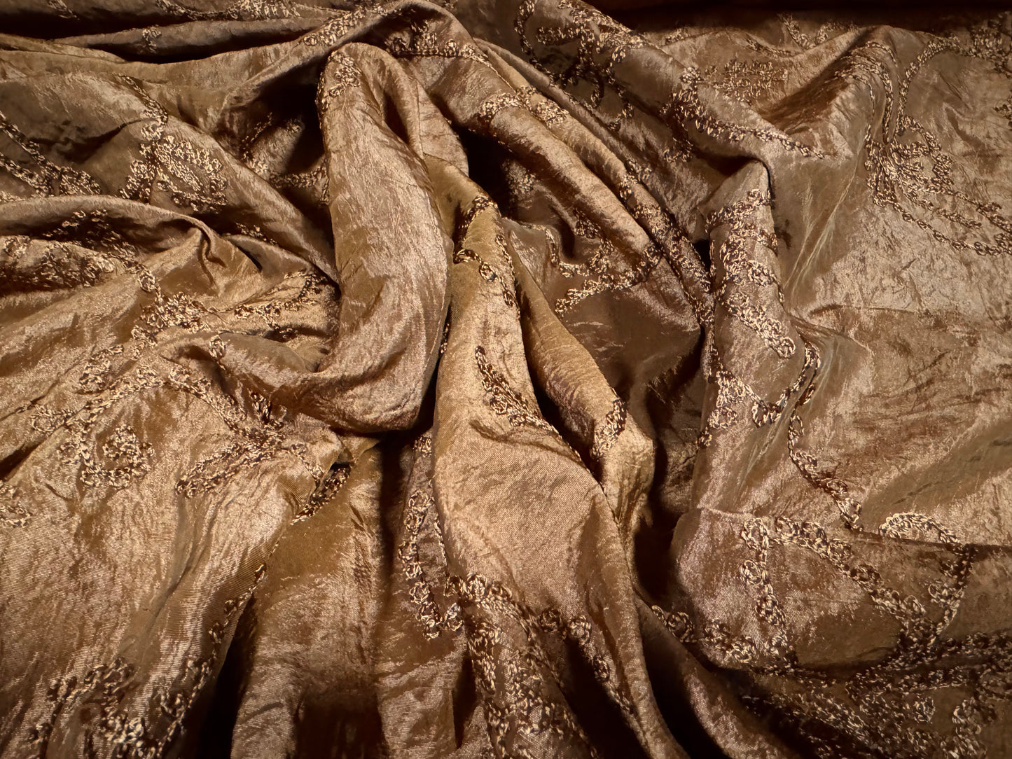 Taffeta faux silk fabric, per metre - floral embroidery - milk chocolate brown
