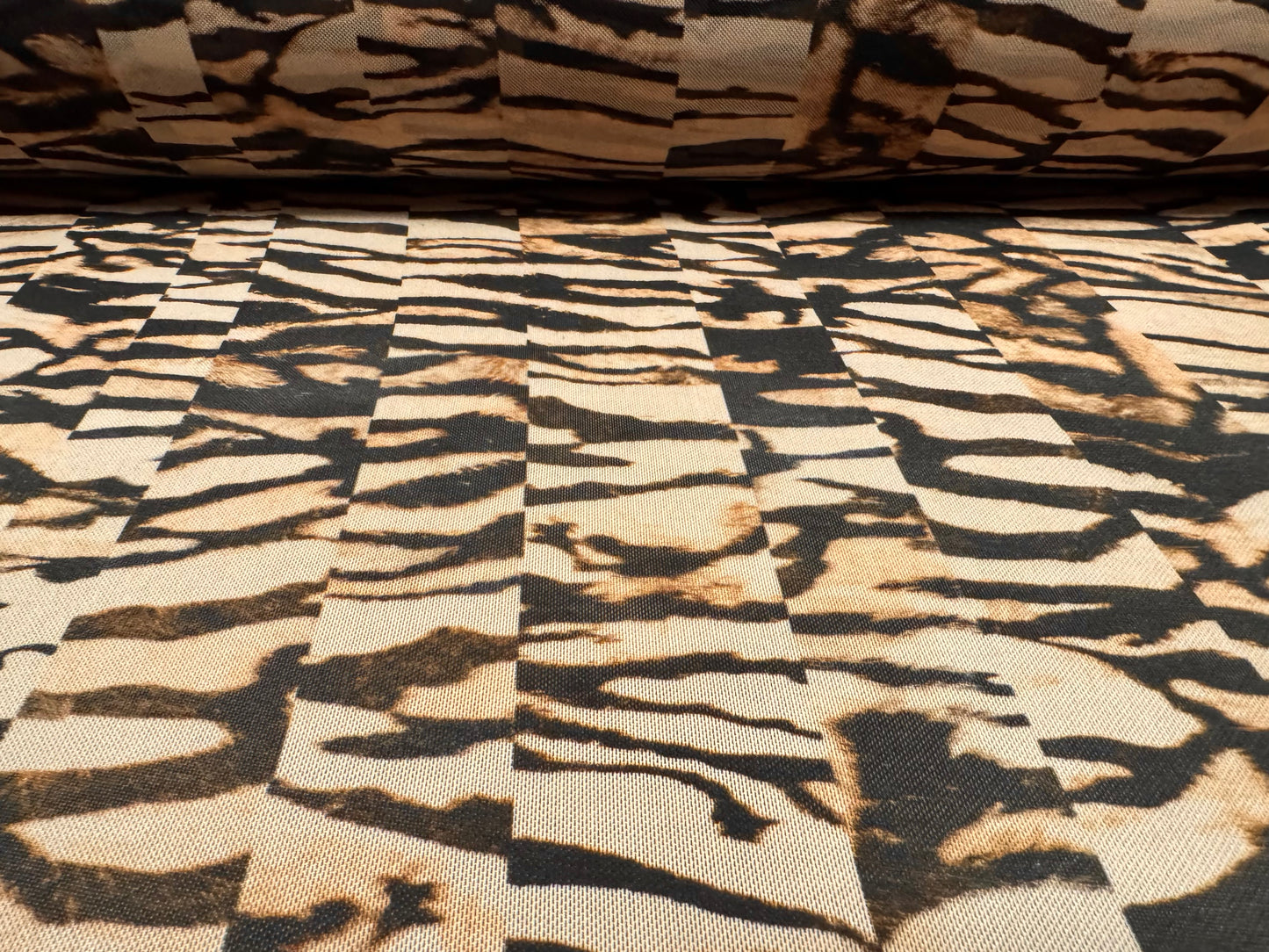 Power mesh net stretch spandex fabric, per metre - stylised animal print - beige