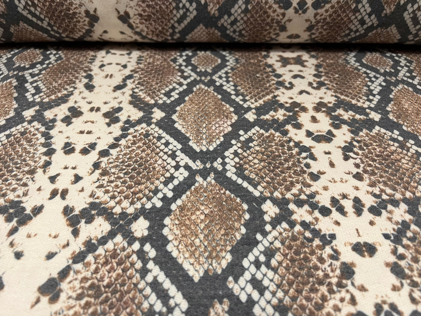 French Terry loopback jersey fabric, per metre - snakeskin print - brown & grey