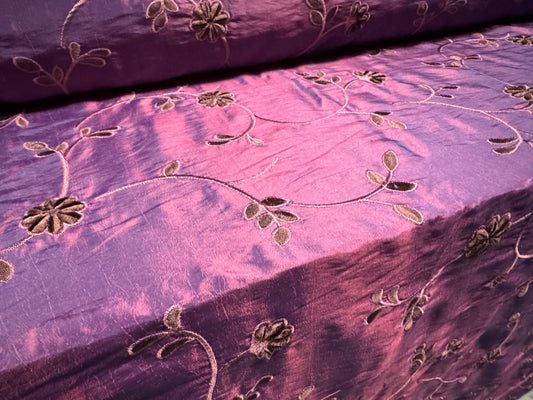 Taffeta faux silk fabric - embroidered and flocked flowers - purple pink