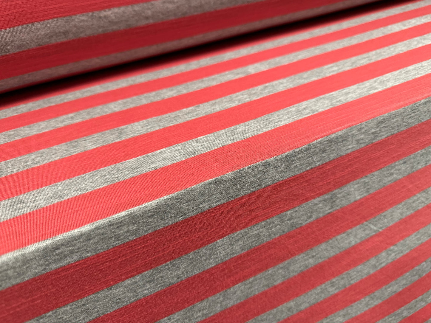 Stretch viscose blend single jersey fabric, per metre - stripe - coral & grey marl