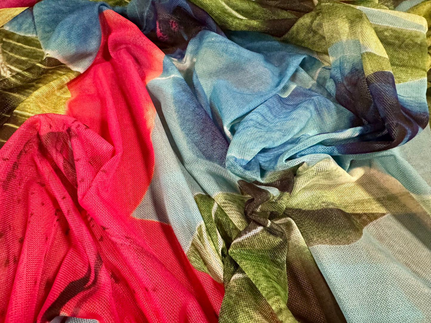Power mesh net stretch spandex fabric, per metre - Tropical orchid floral print - sky blue & pink