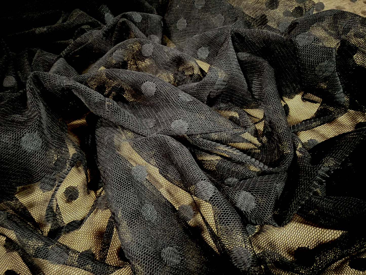 Fine lightweight mesh net fabric, per metre - polka dot - black