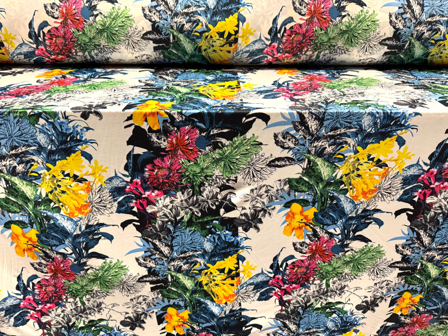 Soft touch stretch spandex single jersey fabric, per metre - Lily Bouquet print - multicolour