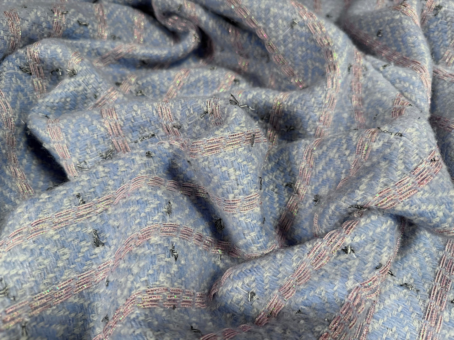 Heavyweight wool fabric, per metre - sky blue herringbone jaquard with rose gold embroidered stripe