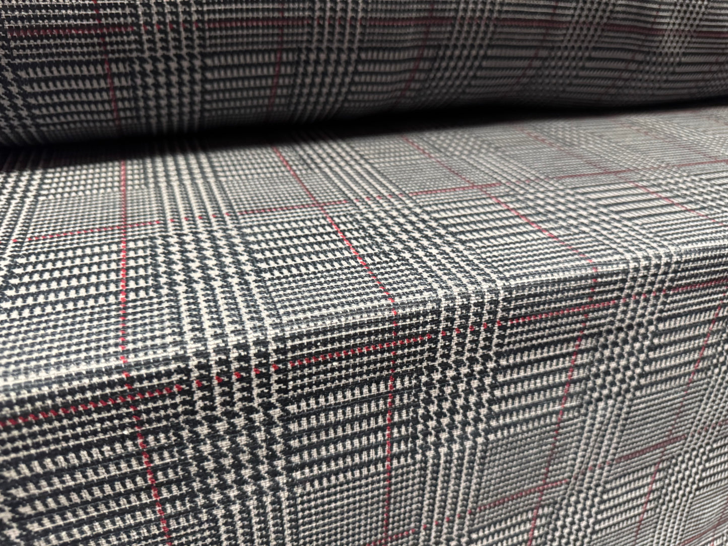 Chenille upholstery fabric, per metre - dogtooth check print - grey & red