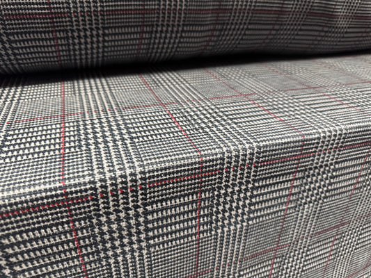 Chenille upholstery fabric, per metre - dogtooth check print - grey & red