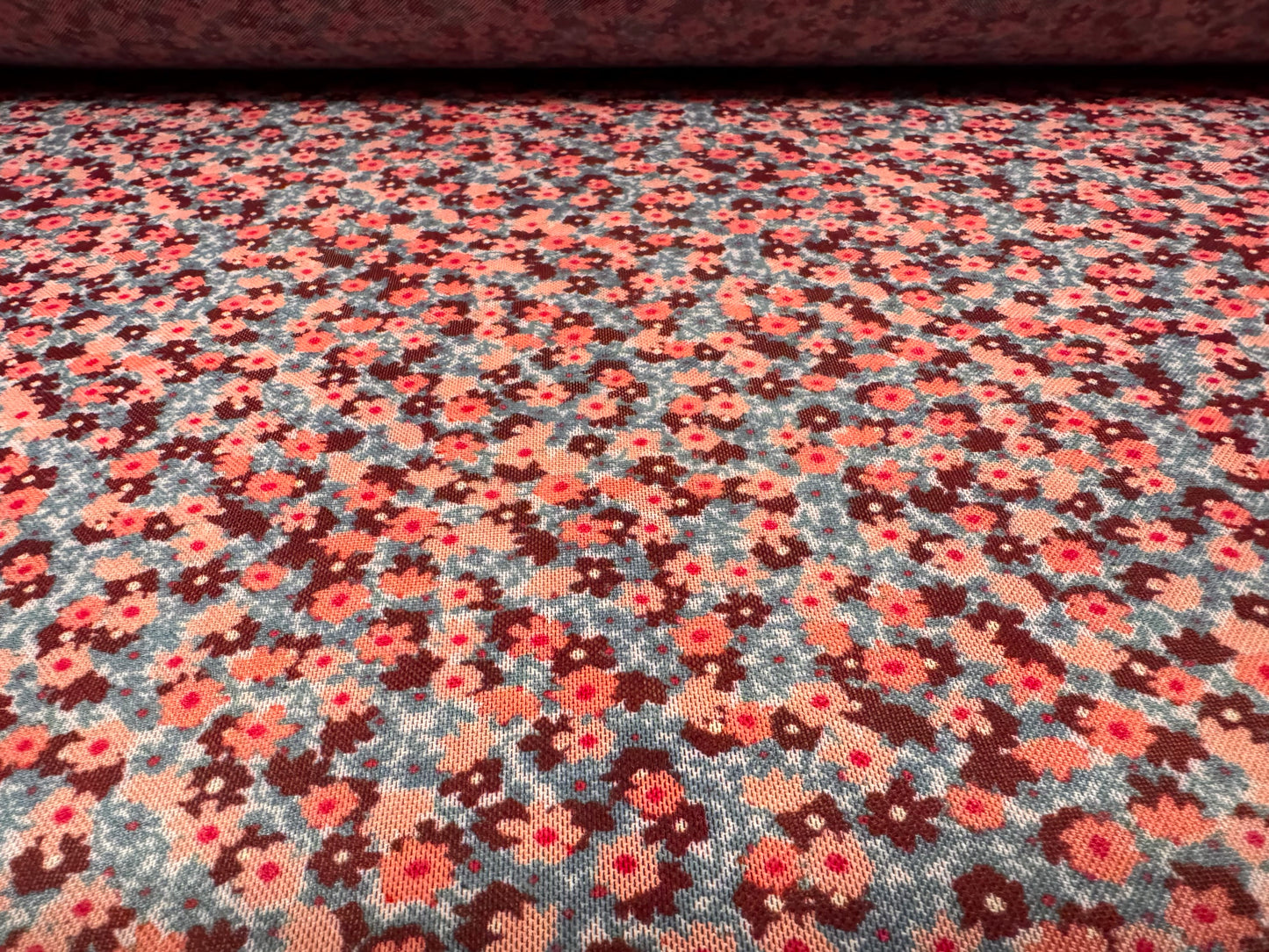 Power mesh net stretch spandex fabric, per metre - ditsy floral print - pink & burgundy