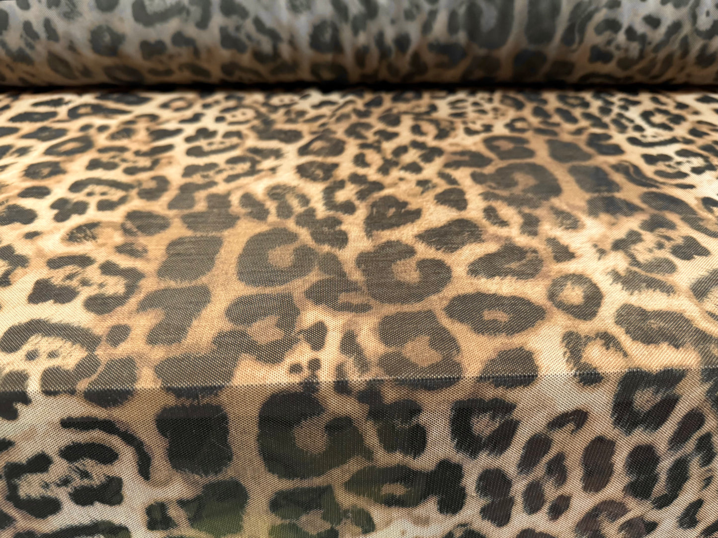 Power mesh net stretch spandex fabric, per metre - jaguar print - gold & beige