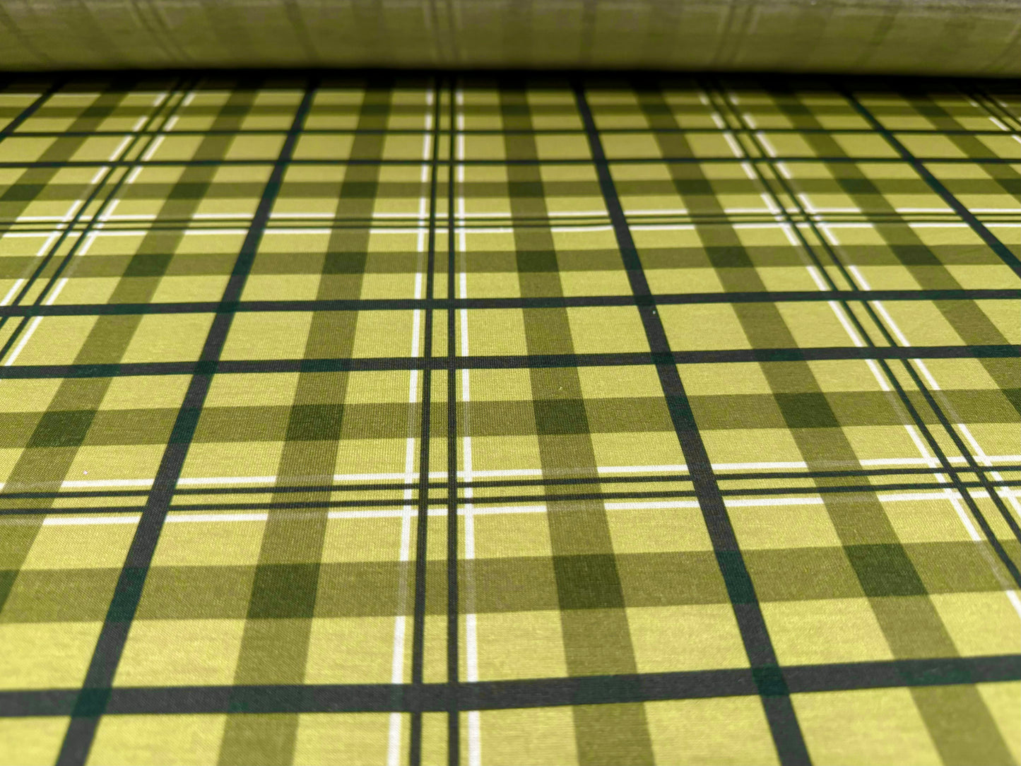 Soft handle stretch single jersey fashion fabric, per metre - tartan check print - khaki & sage green